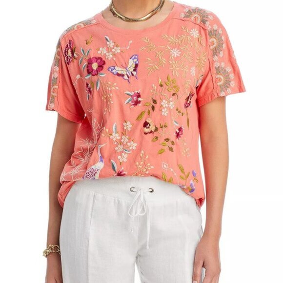 Johnny Was Beautiful Embroidered Orange Tee - Picture 4 of 5